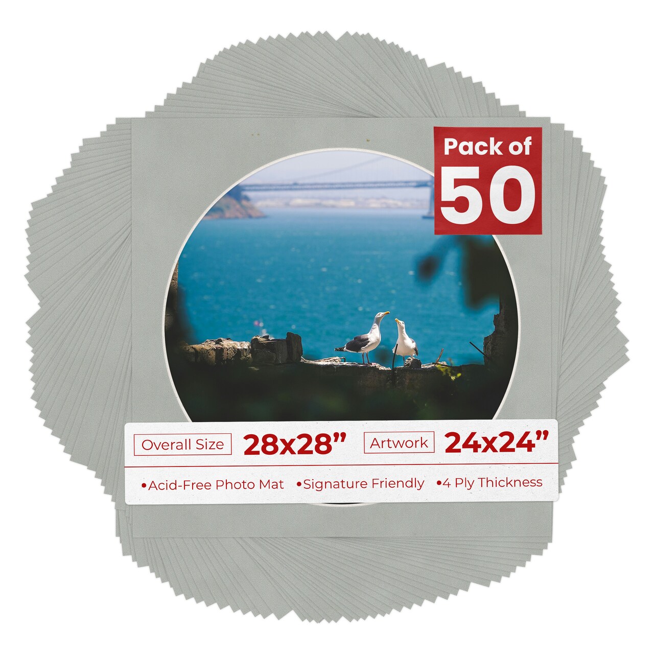 Light Grey Suede Mat Board for 28x28 Frames - Circle Opening for 24x24 Photos